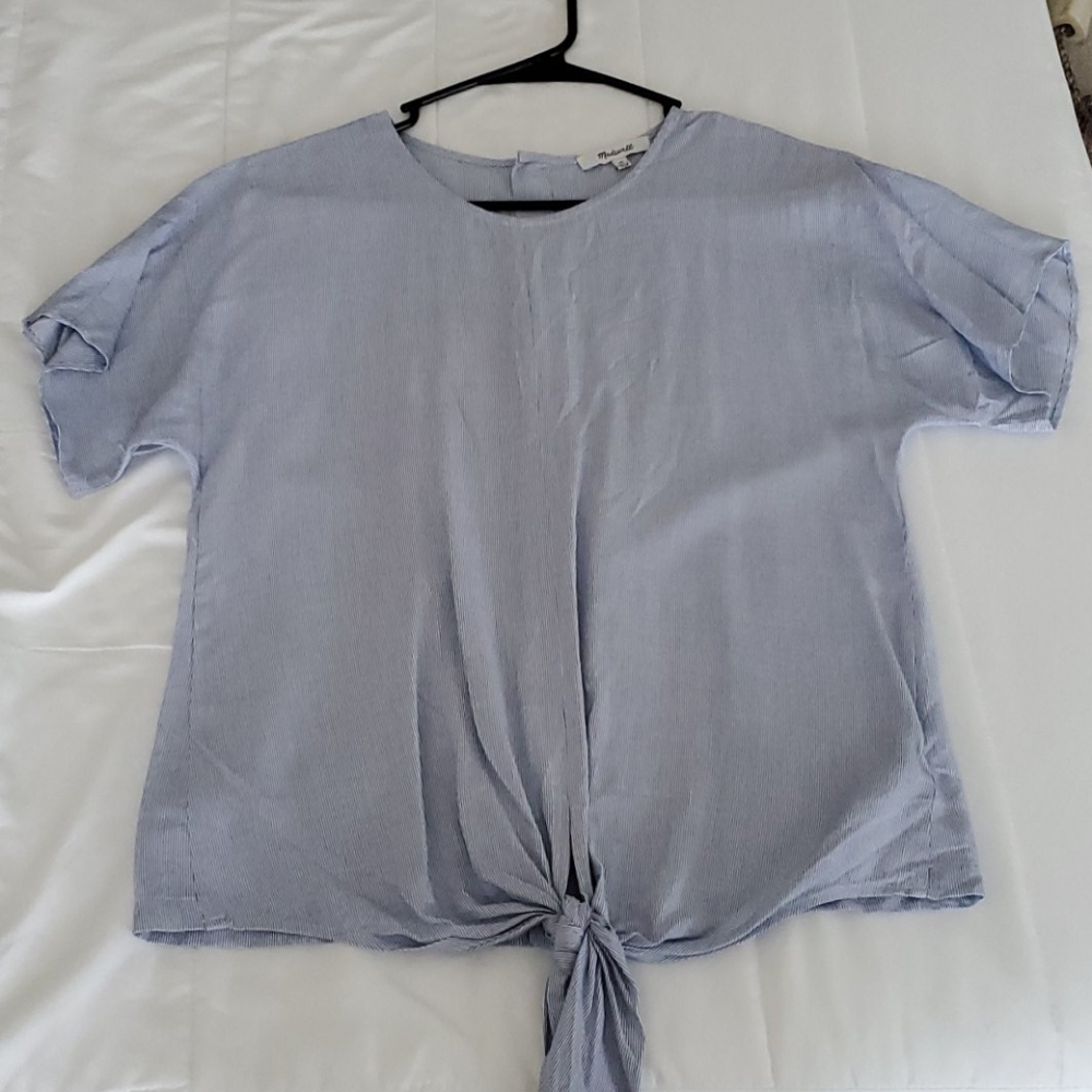 Light blue/white striped tie front blouse